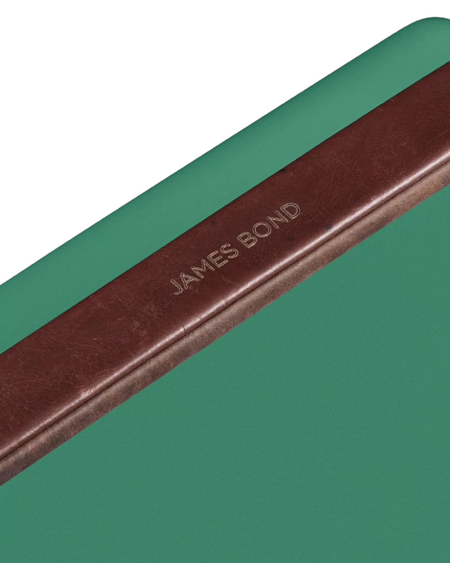Brown leather strap with 'James Bond' personalised engraving on a green fieldbar coolerbox