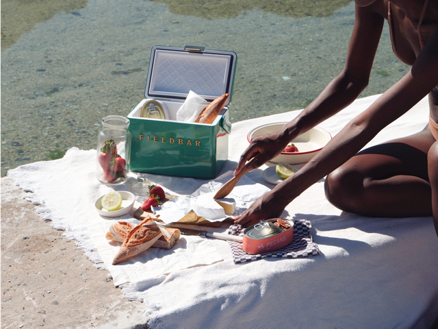 Person having a picnic by the water with a Fieldbr cooler box.