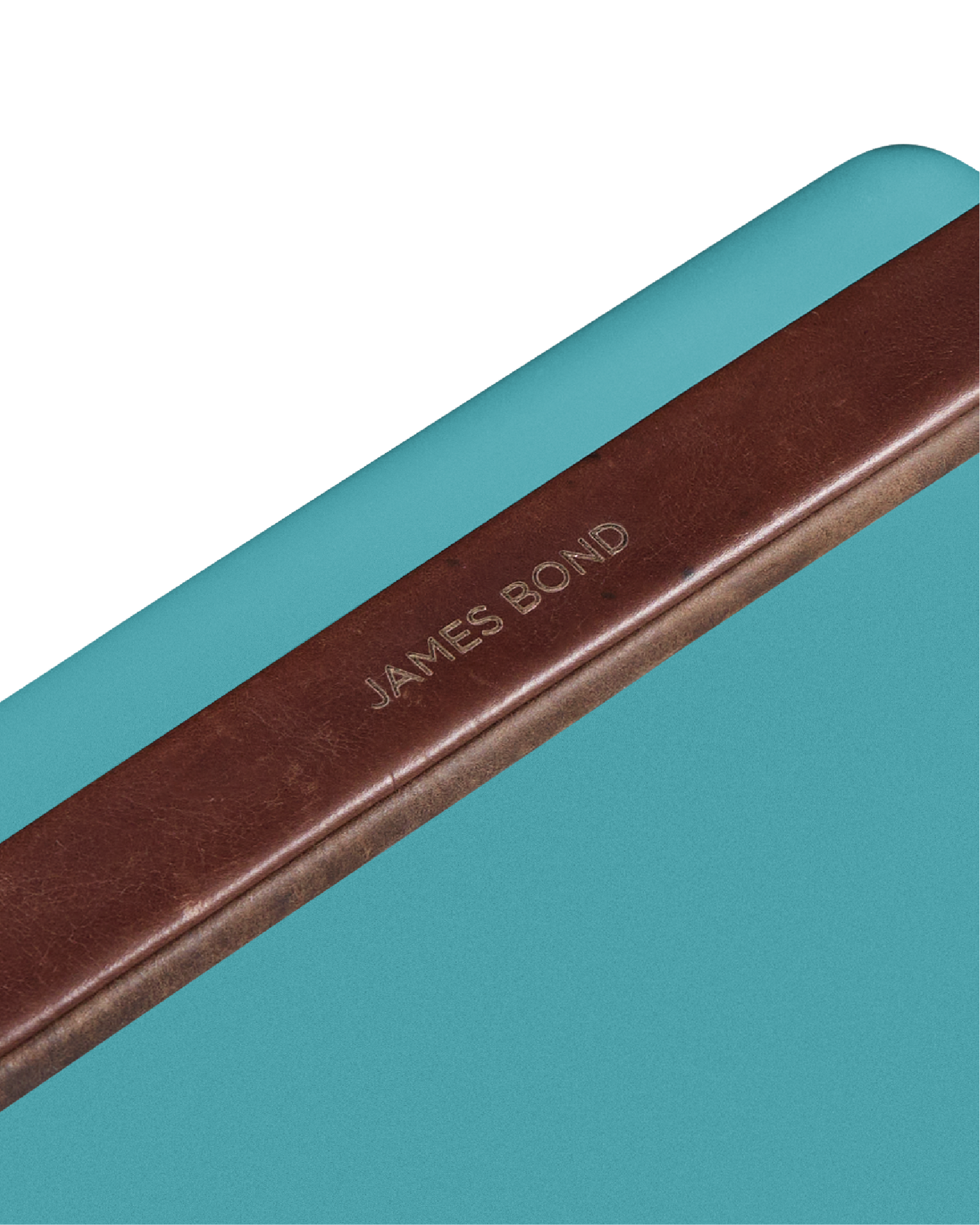 Brown leather strap with 'James Bond' engraving on a teal drinks box