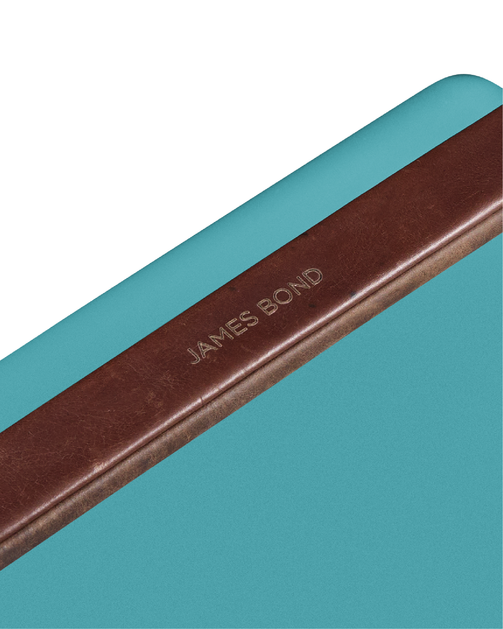 Brown leather strap with 'James Bond' engraving on a teal drinks box