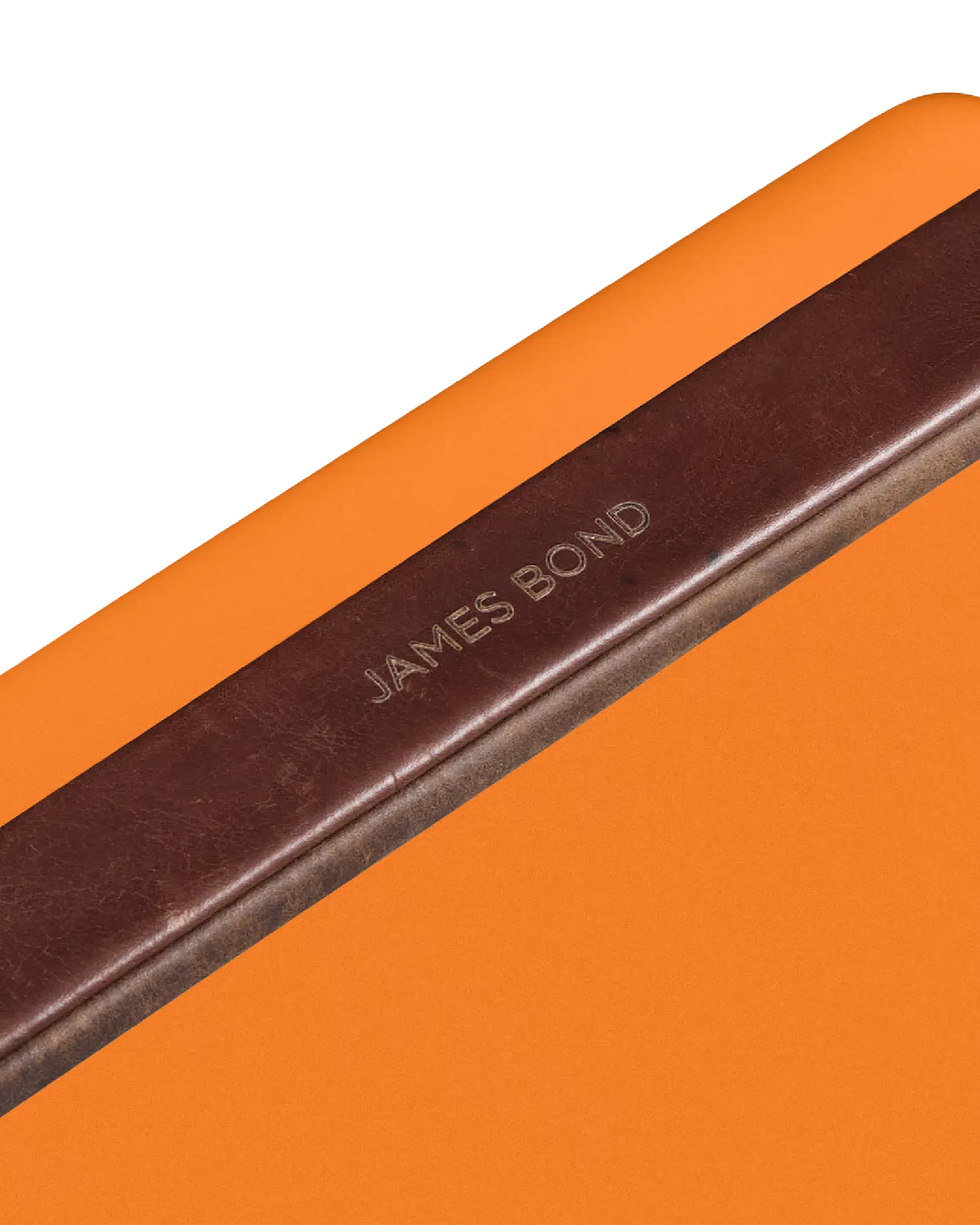 Brown belt with 'James Bond' engraving on an orange fieldbar cooler box 